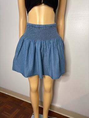 Michael Kors Blue Smocked Waist Chambray Skater Skirt